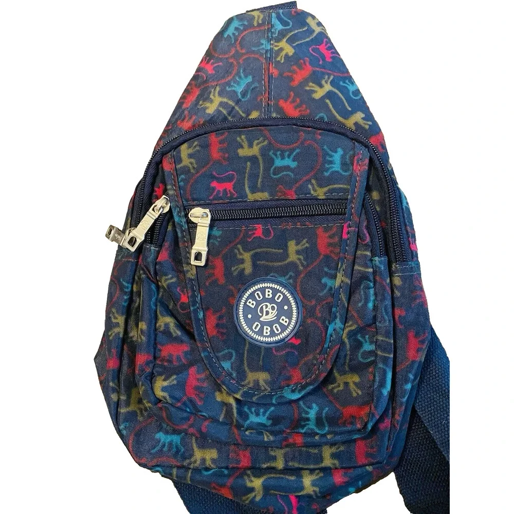 Bobo Obob Monkey Print Sling Backpack Crossbody Bag 4 Pocket Blue Colorful
